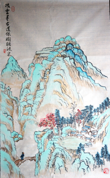 Painting titled "拨云寻古道 依树听流泉" by Zhang Bi Zi Song Shu, Original Artwork, Ink