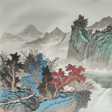 Pittura intitolato "瀑布与小屋" da Zhang Bi Zi Song Shu, Opera d'arte originale, Inchiostro