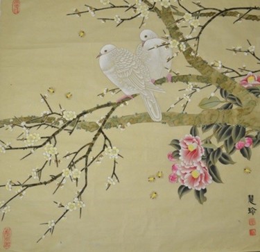 Painting titled "double birds II 双鸟2" by Huizhen Zhang Zhang Hui Zhen, Original Artwork, Pigments