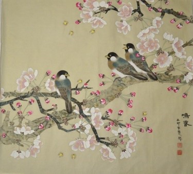 Peinture intitulée "Tweeting spring 鸣春" par Huizhen Zhang Zhang Hui Zhen, Œuvre d'art originale, Pigments