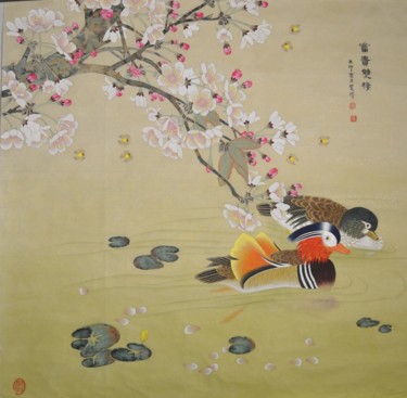 Peinture intitulée "Rich and noble 富贵双栖" par Huizhen Zhang Zhang Hui Zhen, Œuvre d'art originale, Pigments
