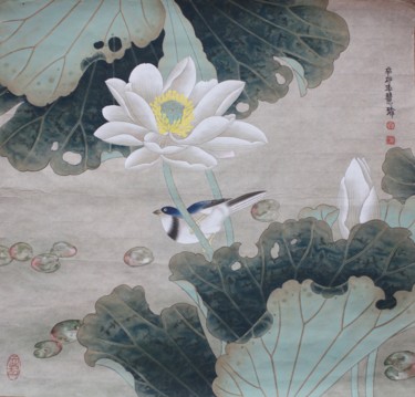 Pintura intitulada "White lotus flower白…" por Huizhen Zhang Zhang Hui Zhen, Obras de arte originais, Pigmentos