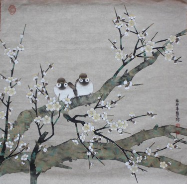 Pintura titulada "couple 双鸟" por Huizhen Zhang Zhang Hui Zhen, Obra de arte original, Pigmentos
