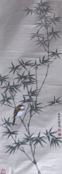 Painting titled "Bamboo and Bird" by Huizhen Zhang Zhang Hui Zhen, Original Artwork, Pigments