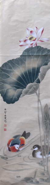 Malerei mit dem Titel "Mandarin Ducks and…" von Huizhen Zhang Zhang Hui Zhen, Original-Kunstwerk, Pigmente