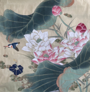 Pittura intitolato "Kingfisher in Lotus…" da Huizhen Zhang Zhang Hui Zhen, Opera d'arte originale, pigmenti