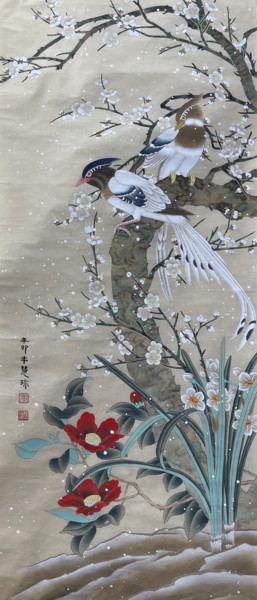 Malerei mit dem Titel "Snow Friends" von Huizhen Zhang Zhang Hui Zhen, Original-Kunstwerk, Pigmente