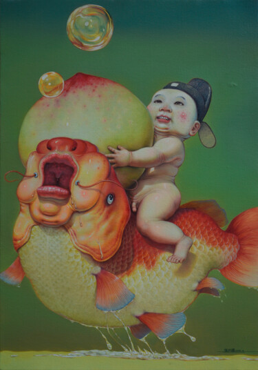 Painting titled "我心随鱼翔" by Zhang Kai Xi, Original Artwork, Oil Mounted on Wood Stretcher frame