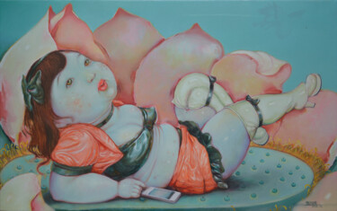 Painting titled "荷花仙子" by Zhang Kai Xi, Original Artwork, Oil Mounted on Wood Stretcher frame