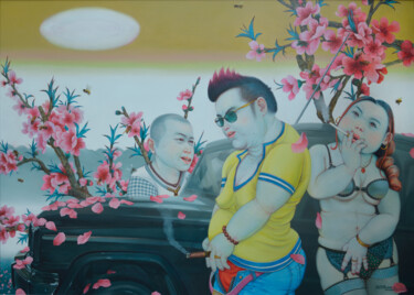 Painting titled "春暖桃花开" by Zhang Kai Xi, Original Artwork, Oil Mounted on Wood Stretcher frame
