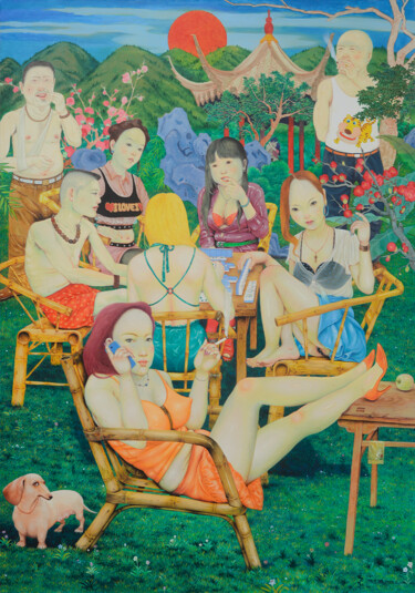 Ζωγραφική με τίτλο "东方升起红太阳" από 张开溪, Αυθεντικά έργα τέχνης, Λάδι Τοποθετήθηκε στο Ξύλινο φορείο σκελετό