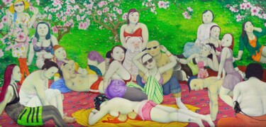 Peinture intitulée "春暖大地桃夭夭" par 张开溪, Œuvre d'art originale, Huile Monté sur Châssis en bois