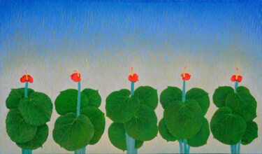 Peinture intitulée "五朵红掌" par Zhang Kai Xi, Œuvre d'art originale, Huile Monté sur Châssis en bois