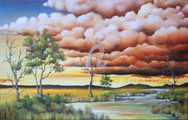 Malerei mit dem Titel "Cloudy land" von Zhanna Ilieva, Original-Kunstwerk, Öl
