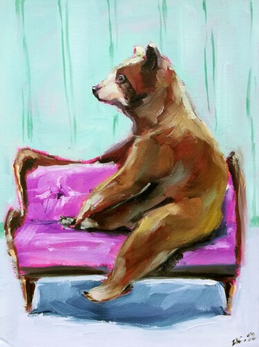 Картина под названием "Bear Painting Fores…" - Zhanna Kan, Подлинное произведение искусства, Масло