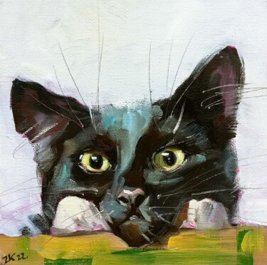 Malarstwo zatytułowany „Black Cat Painting…” autorstwa Zhanna Kan, Oryginalna praca, Olej
