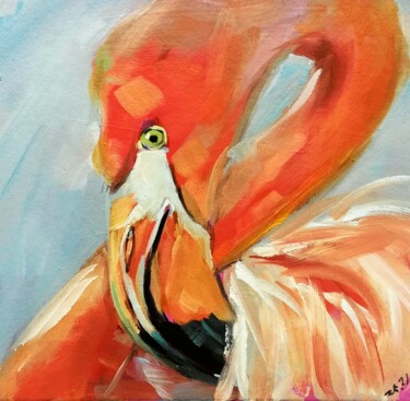Ζωγραφική με τίτλο "Flamingo Painting B…" από Zhanna Kan, Αυθεντικά έργα τέχνης, Λάδι