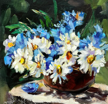 Painting titled "Daisies Painting Fl…" by Zhanna Kan, Original Artwork, Oil