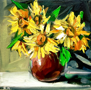 Peinture intitulée "Sunflowers in vase…" par Zhanna Kan, Œuvre d'art originale, Huile