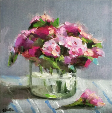 Painting titled "Flowers in a vase p…" by Zhanna Kan, Original Artwork, Oil