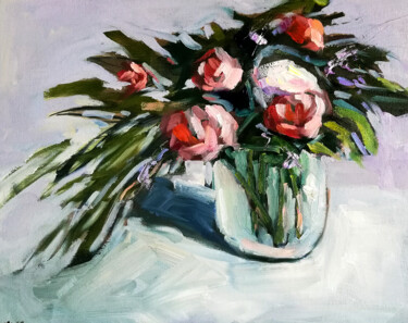 Painting titled "Flowers bouquet pai…" by Zhanna Kan, Original Artwork, Oil