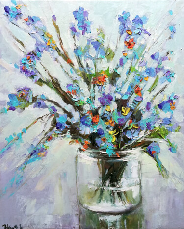 Painting titled "Flowers painting Pe…" by Zhanna Kan, Original Artwork, Oil
