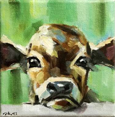 Painting titled "Cow Baby Farm Anima…" by Zhanna Kan, Original Artwork, Oil