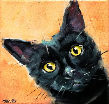 Malarstwo zatytułowany „Black Cat Portrait,…” autorstwa Zhanna Kan, Oryginalna praca, Olej