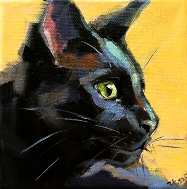 Painting titled "Black Cat Portrait…" by Zhanna Kan, Original Artwork, Oil