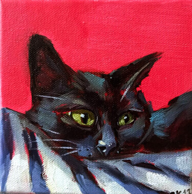 Картина под названием "Black Cat Portrait…" - Zhanna Kan, Подлинное произведение искусства, Масло