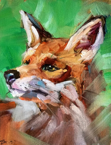 Painting titled "Fox Portrait Forest…" by Zhanna Kan, Original Artwork, Oil