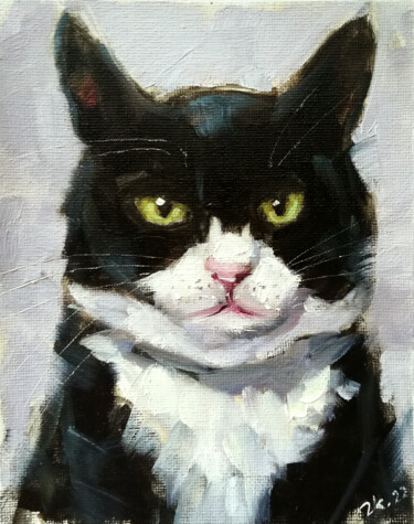 Schilderij getiteld "Black And White Cat…" door Zhanna Kan, Origineel Kunstwerk, Olie