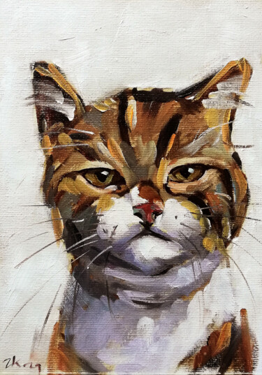 「Tabby Cat Portrait…」というタイトルの絵画 Zhanna Kanによって, オリジナルのアートワーク, オイル