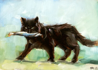 Pintura titulada "Black Kitten & Fish…" por Zhanna Kan, Obra de arte original, Oleo