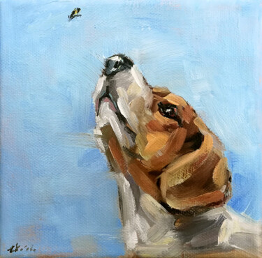 Painting titled "Dog~Bee Painting" by Zhanna Kan, Original Artwork, Oil