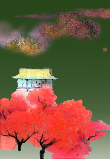Ζωγραφική με τίτλο "京都秋韻" από 哲剛 顧, Αυθεντικά έργα τέχνης, Χρωστικές ουσίες