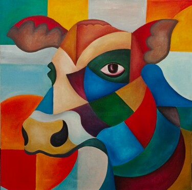 Painting titled "The third cow" by Zhenya Kraynova (J.K), Original Artwork, Oil Mounted on Wood Stretcher frame