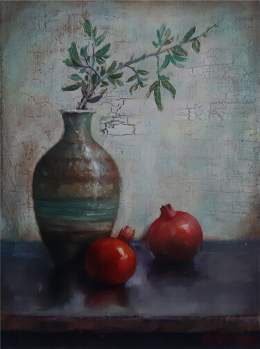 Painting titled "POMEGRANATES AND PO…" by Zhirayr Khachatryan, Original Artwork, Oil Mounted on Wood Stretcher frame