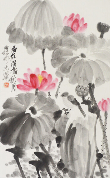 Painting titled "June Lotus" by Zhize Lv, Original Artwork, Ink