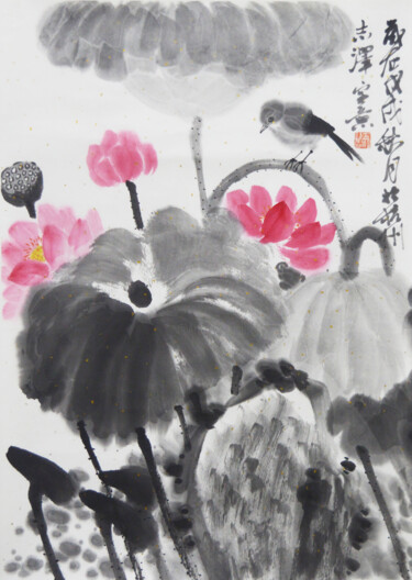Painting titled "Lotus Pond" by Zhize Lv, Original Artwork, Ink