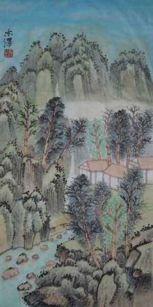 Malarstwo zatytułowany „A Mountain Village…” autorstwa 志泽 吕, Oryginalna praca, Atrament