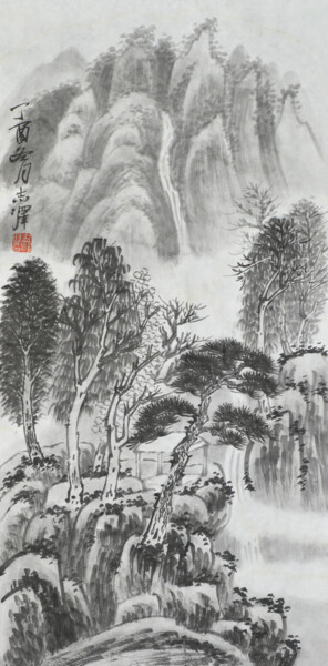 Peinture intitulée "夏山飞瀑" par Zhize Lv, Œuvre d'art originale, Encre