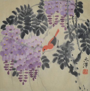 Painting titled "Wisteria and Little…" by Zhize Lv, Original Artwork, Ink