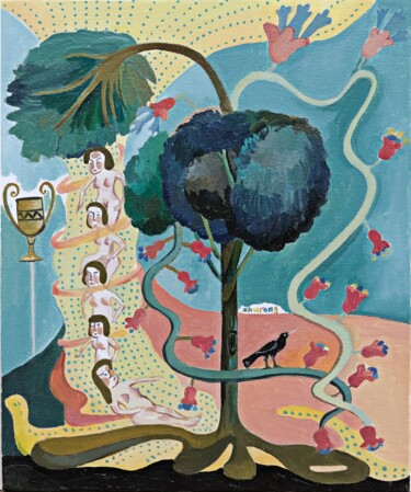 Schilderij getiteld "Women and Plants" door Zhu Rong, Origineel Kunstwerk, Olie