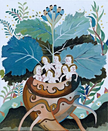 Painting titled "Women and Plants 4" by Zhu Rong, Original Artwork, Oil