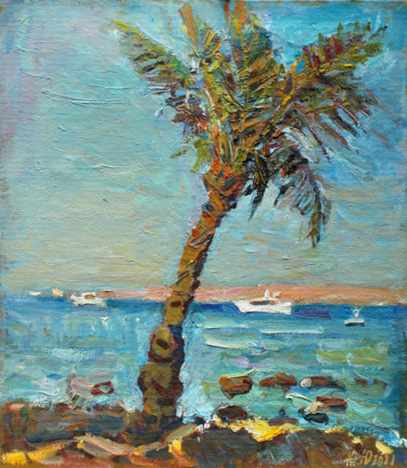 Pintura intitulada "Palm tree on the sh…" por Juliya Zhukova, Obras de arte originais, Óleo