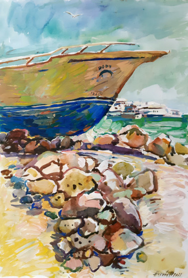 Картина под названием "Old boat" - Juliya Zhukova, Подлинное произведение искусства, Акварель