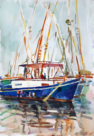 Painting titled "Etude with boats on…" by Juliya Zhukova, Original Artwork, Watercolor