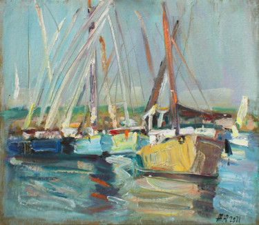 Malerei mit dem Titel "Boats in Luxor" von Juliya Zhukova, Original-Kunstwerk, Öl