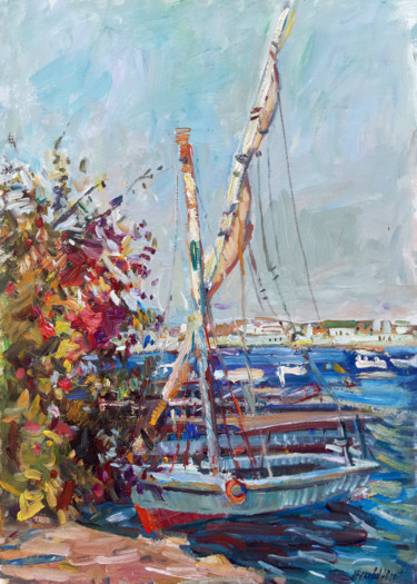 Peinture intitulée "Boats on the Nile" par Juliya Zhukova, Œuvre d'art originale, Huile